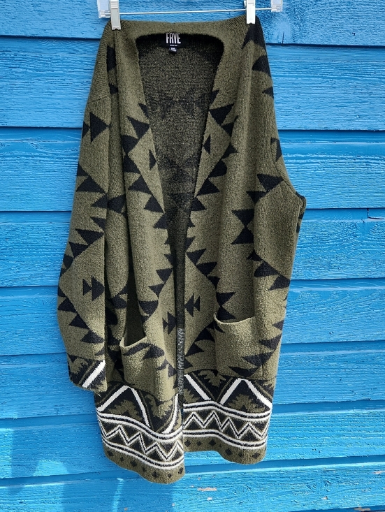 Frye Sweaters - FRYE Olive and Black Geometric Open-Front Cardigan